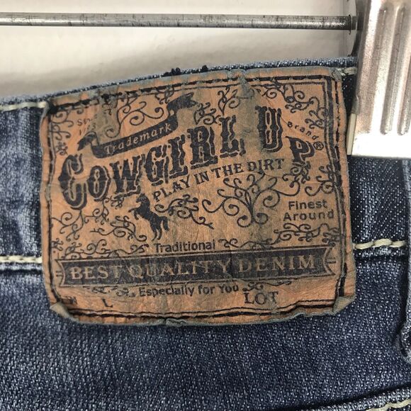 Cowgirl Up Jeans Western Bootcut Flare Blue 6 W29 Embellished Pockets Distress - Picture 8 of 10